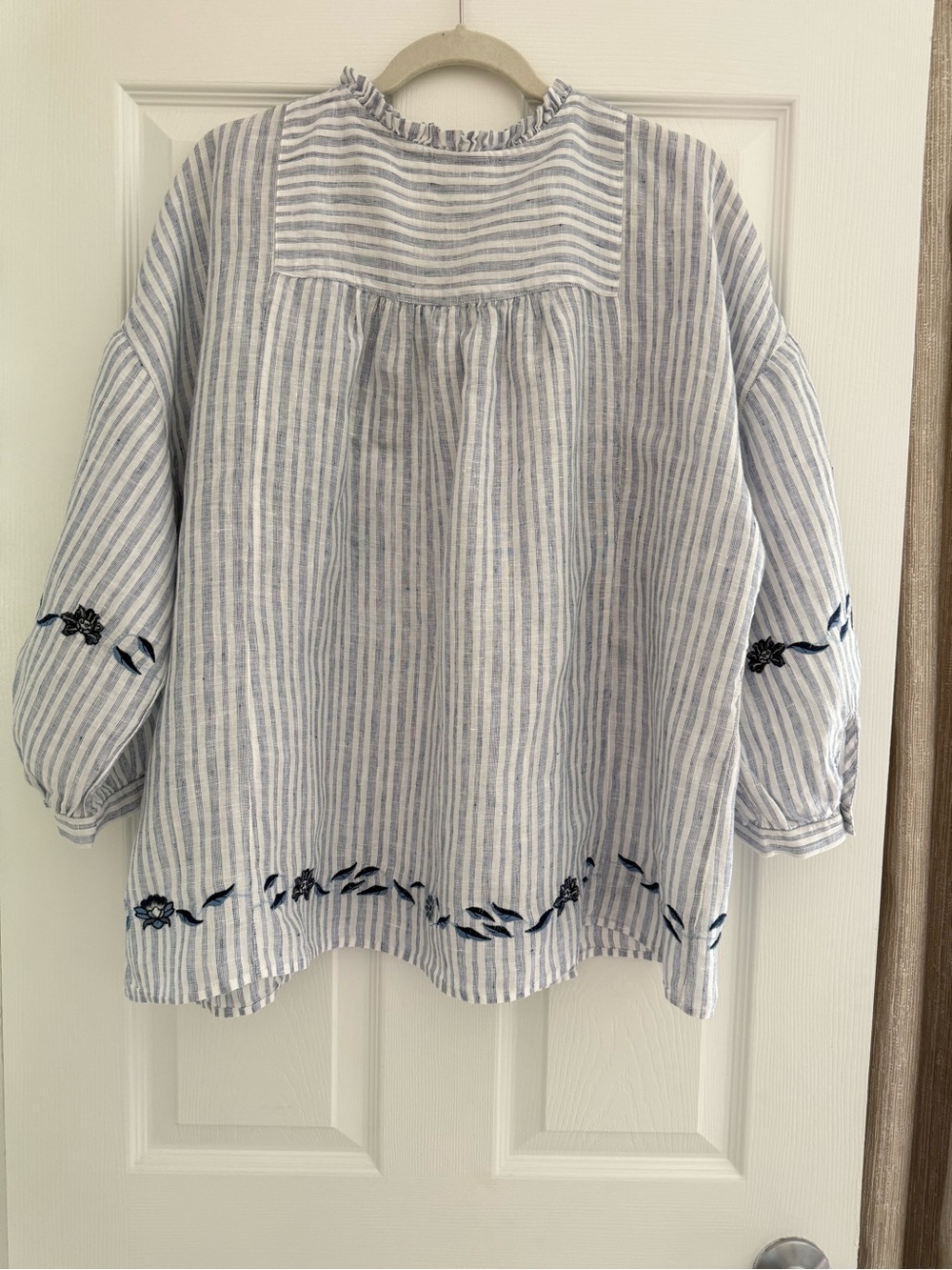 J.Jill Love Linen Blue&White Striped Embroidered Linen Blend Blouse XL - Picture 2 of 6